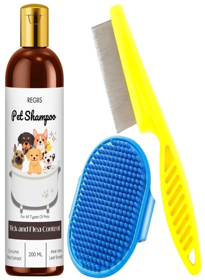 شامبو ريجيس للحيوانات الأليفة مع مكافحة القراد والبراغيث، مستخلص الكركم الطبيعي والصبار، 200 مل، يتضمن مجموعة فرشاة ومشط للعناية بالحيوانات الأليفة (عبوة من 3 قطع) - Image 1